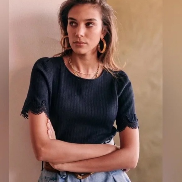 Sezane Tops - SEZANE CLEA TEE SHIRT 100% Cotton Ribbed Lace Sleeves Navy Blue XS